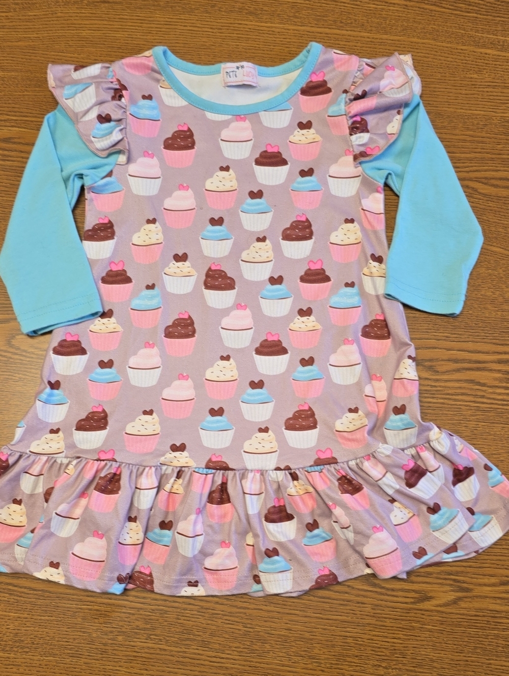 Kids Cupcake Print Ruffle Dress - Blue Sleeves Size 2T